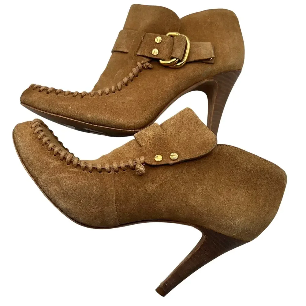 Tory Burch Womens Belen 9.5 Suede Stiletto Ankle Boots Booties Tan Camel Buckles
